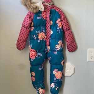 Pink and blue polka dot and floral rosy cheeks snowsuit.